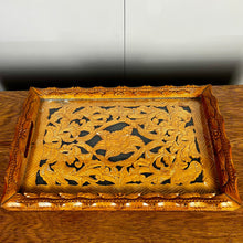 Load image into Gallery viewer, Beautiful mid-century heavily carved oak decorative tray with floral design, including flowers and a large rose. It has a craftsmanship finish with carved scrolls and an attractive finish around the borders on the edging.
