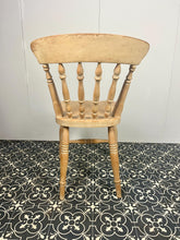 Load image into Gallery viewer, Wonderful vintage shabby chic farmhouse beech chair. Made with beech with a lathe shaped back rest and lovely crest rail and shaped seat on fantastic turned splayed legs and spindles.

