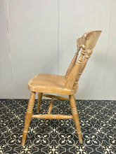 Load image into Gallery viewer, Wonderful vintage shabby chic farmhouse beech chair. Made with beech with a lathe shaped back rest and lovely crest rail and shaped seat on fantastic turned splayed legs and spindles.
