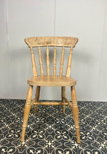Load image into Gallery viewer, Wonderful vintage shabby chic farmhouse beech chair. Made with beech with a lathe shaped back rest and lovely crest rail and shaped seat on fantastic turned splayed legs and spindles.
