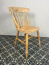 Load image into Gallery viewer, Wonderful vintage shabby chic farmhouse beech chair. Made with beech with a lathe shaped back rest and lovely crest rail and shaped seat on fantastic turned splayed legs and spindles.
