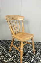 Load image into Gallery viewer, Wonderful vintage shabby chic farmhouse beech chair. Made with beech with a lathe shaped back rest and lovely crest rail and shaped seat on fantastic turned splayed legs and spindles.
