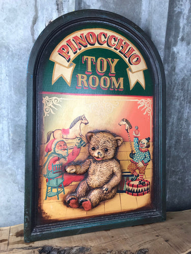 Vintage Wooden Advertising Sign, Plaque, Pinocchio, Toy Room, Children, Bedroom