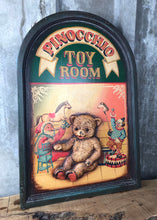 Load image into Gallery viewer, Vintage Wooden Advertising Sign, Plaque, Pinocchio, Toy Room, Children, Bedroom
