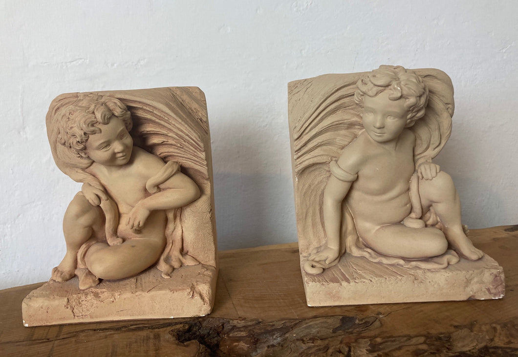 Vintage beautiful pair cast stone cherub book ends, collectibles piece, library, living room