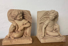 Load image into Gallery viewer, Vintage beautiful pair cast stone cherub book ends, collectibles piece, library, living room
