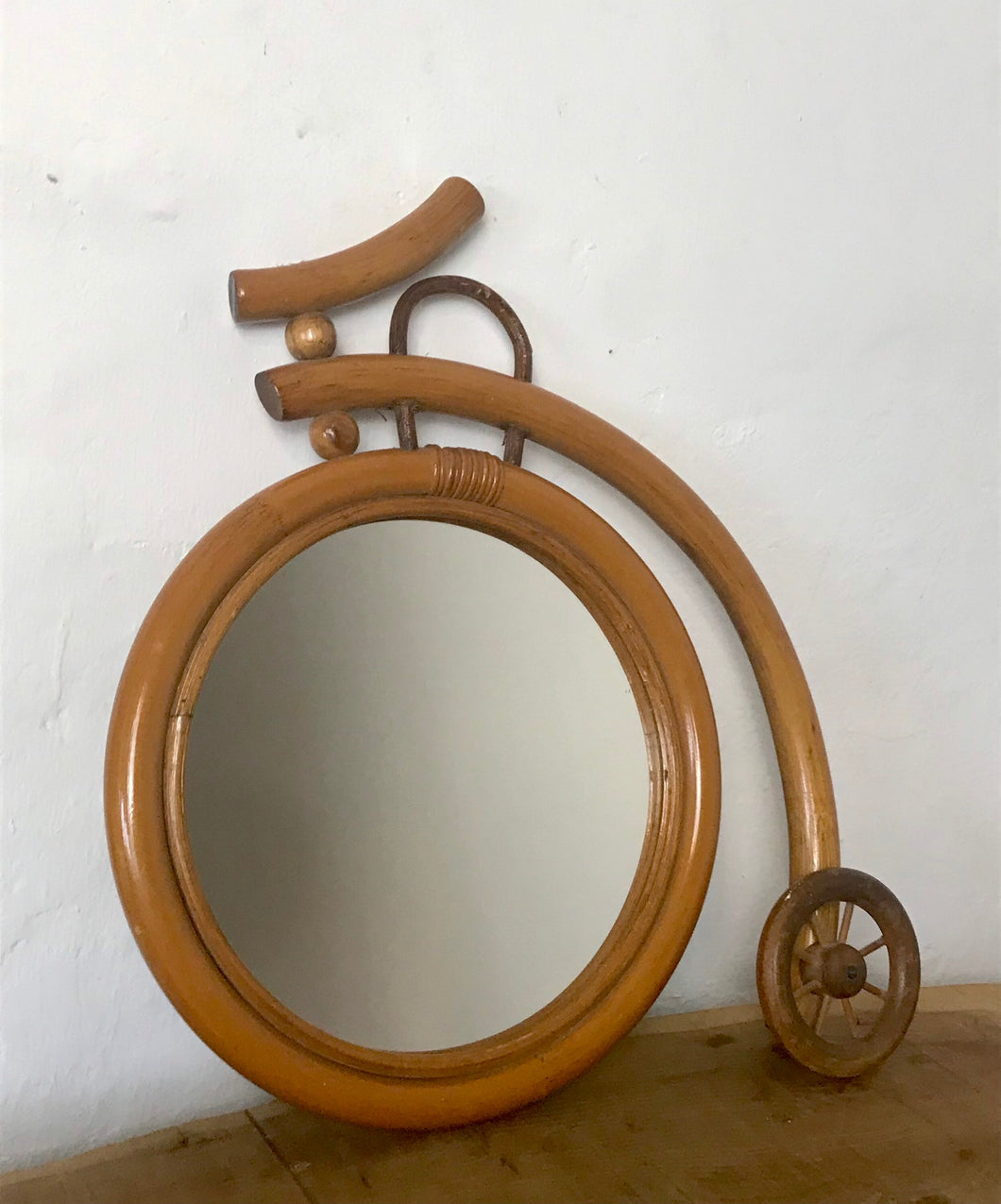 Unique vintage penny farthing bamboo wall mirror, collectibles piece