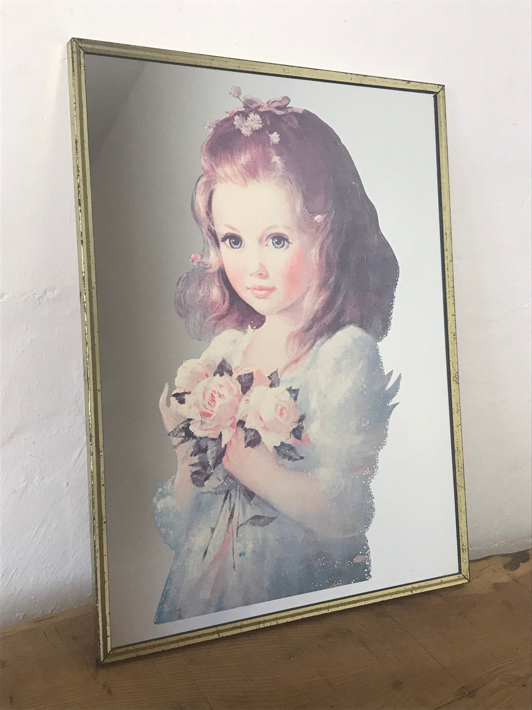 Vintage Victorian young girl, flowers pictures mirror, collectibles piece