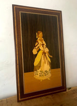 Load image into Gallery viewer, Mid century vintage wooden Victorian style lady, inlaid marquetry plaque, sign, wall art
