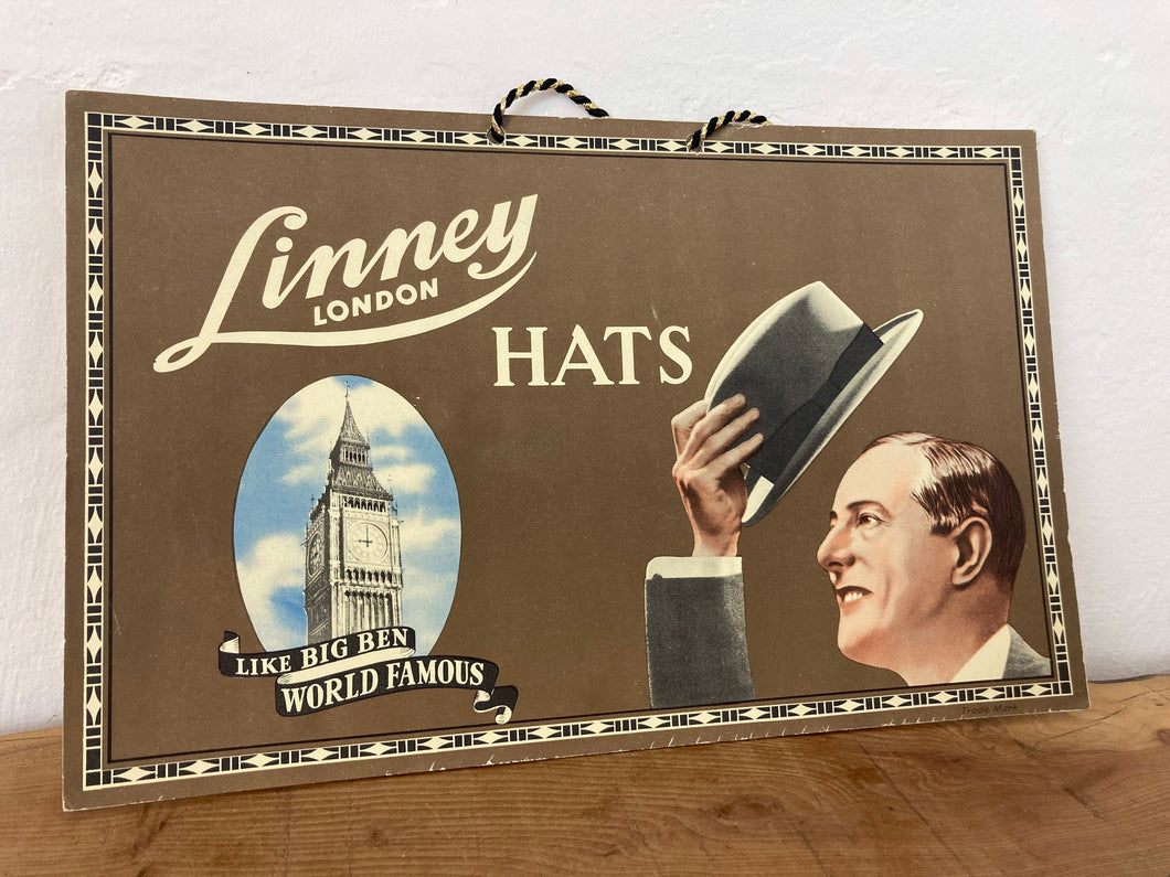 Antique 1930’s Linney hats London advertising card sign Big Ben gentleman