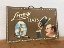 Load image into Gallery viewer, Antique 1930’s Linney hats London advertising card sign Big Ben gentleman
