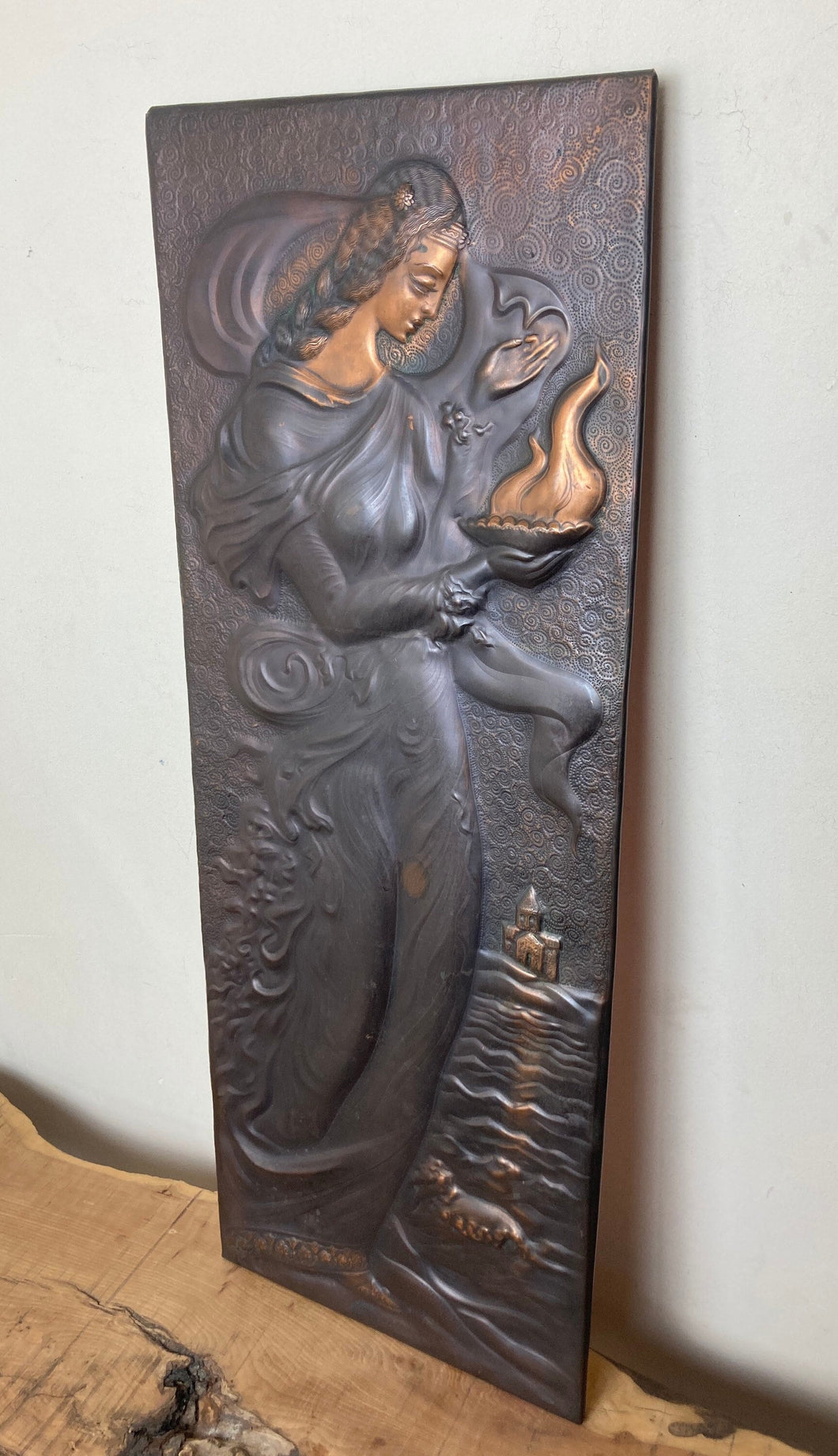Vintage art nouveau lady copper plaque, wall art decoration, legend of Tamar