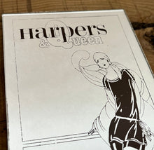 Load image into Gallery viewer, Vintage black and white advertising handbag mirror. The mirrors have the name Harpers written at the top and drawings of a beautiful woman dressed in art deco clothing.
