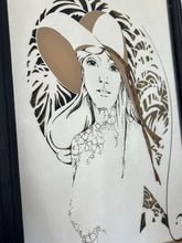 Load image into Gallery viewer, A stunning piece featuring a beautiful lady wearing a hat. The painting is a collectable design by William Tara, with an intricate foliage background and a swirl effect border in a vivid noir style.
