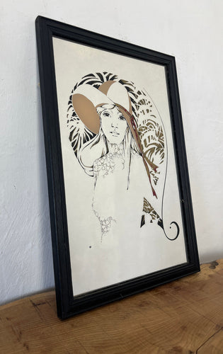 A stunning piece featuring a beautiful lady wearing a hat. The painting is a collectable design by William Tara, with an intricate foliage background and a swirl effect border in a vivid noir style.