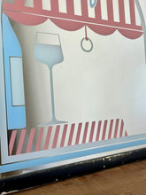 Load image into Gallery viewer, This image depicts a beautifully detailed shop front scene, complete with a colorful display and a table featuring a wine picture. The red and white shutters are adorned with the words cafe in the center, adding to the charming aesthetic.
