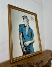 Load image into Gallery viewer, The mirror design is impressive, with intricate details in vivid blue tones. The top corner displays bold fonts of the names, and the actor is posing in a movie pose with a cigarette in his hand, probably from the movie Rebel Without a Cause.
