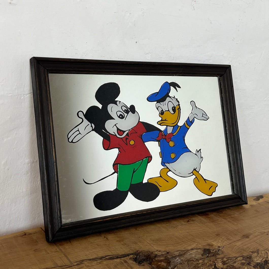 Humorous vintage Disney mirror, Mickey Mouse and Doland Duck, kitsch, retro, children art