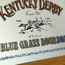 Load image into Gallery viewer, features a horse racing design. The branding is depicted in bold, vivid fonts in red and blue, and there is an intricate picture of a horse race along with a blue floral border.
