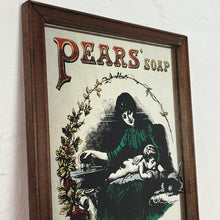 Load image into Gallery viewer, An Appealing Vintage mid-century Pears Soap Advertising mirror featuring an antique Victorian baby changing scene with intricate rose floral border and stand-out fonts.
