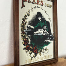 Load image into Gallery viewer, An Appealing Vintage mid-century Pears Soap Advertising mirror featuring an antique Victorian baby changing scene with intricate rose floral border and stand-out fonts.
