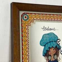 Load image into Gallery viewer, The mirror depicts Miss Petticoat in vibrant colours and would make a great addition to any art collection. Intricate, vivid border, welcome to our home sweet home.
