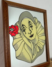 Load image into Gallery viewer, Excellent vintage Pierrot decorative mirror showing a stunning design in various panels in cream and grey with a vivid red rose in an out finish; the face had magnificent intricate detail with a thoughtful finish with a hint of red in the lips.
