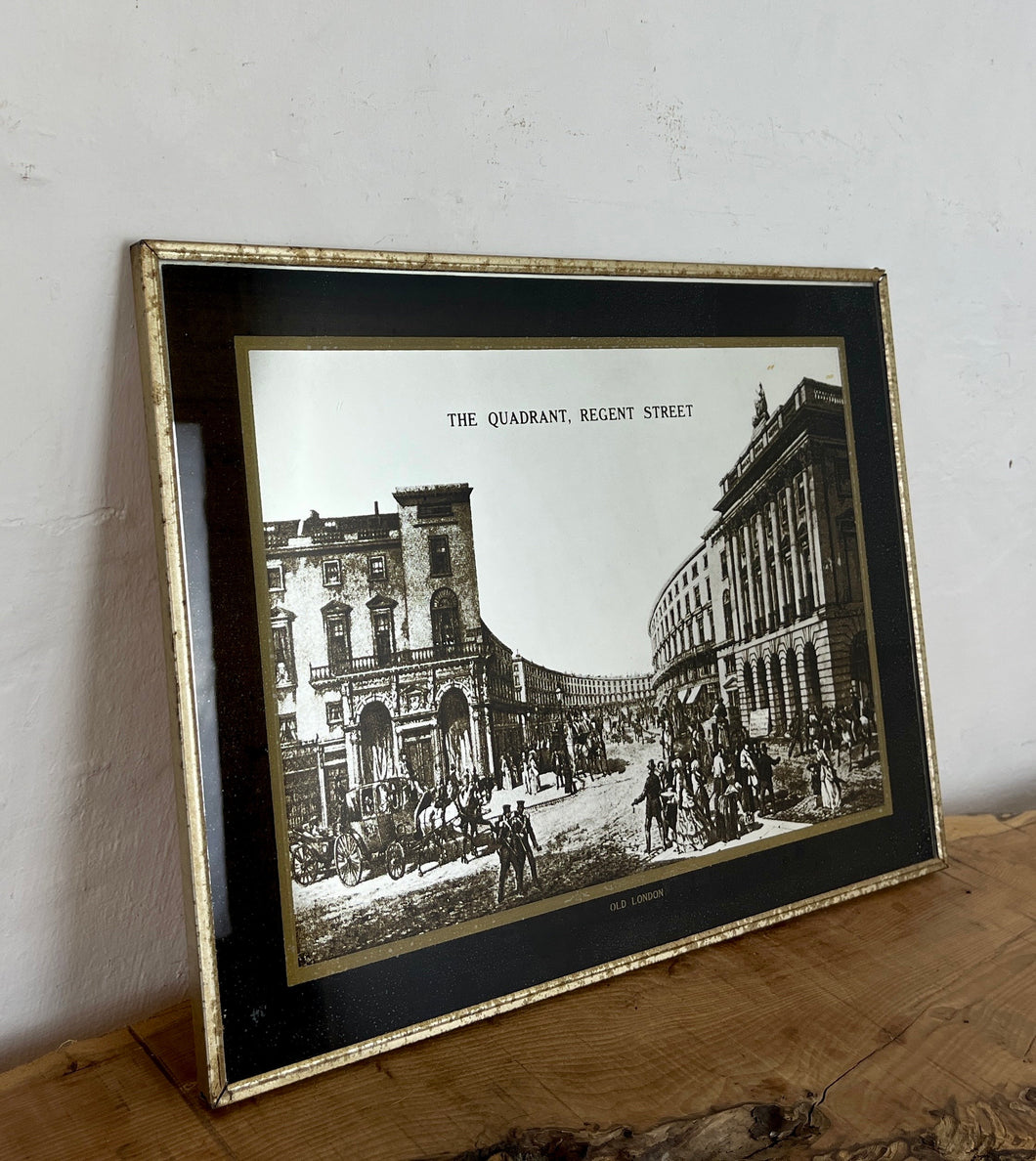 Superb mid-century old London mirror featuring The Quadrant, Regent Street. This marvellous advertising history picture comes in black and white with exquisite intricate detail on the landmark, a fantastic tourism collectable with bold fonts.