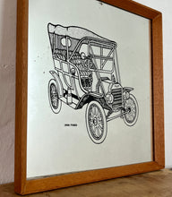 Load image into Gallery viewer, Unique detailed model T picture in a cartoon style design featuring a pencil type sketch with excellent intricate finish with shading and great care taken to create the design, bold fonts detailing Ford 1909.
