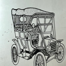 Load image into Gallery viewer, Unique detailed model T picture in a cartoon style design featuring a pencil type sketch with excellent intricate finish with shading and great care taken to create the design, bold fonts detailing Ford 1909.
