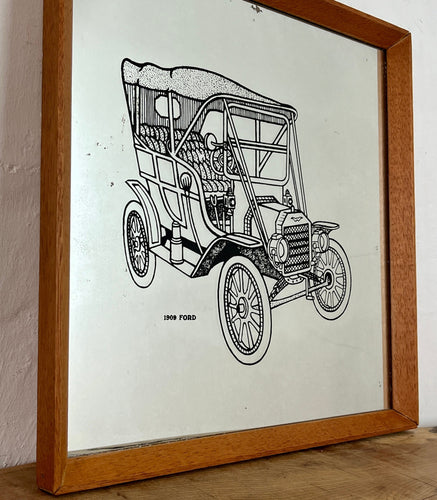 Unique detailed model T picture in a cartoon style design featuring a pencil type sketch with excellent intricate finish with shading and great care taken to create the design, bold fonts detailing Ford 1909.