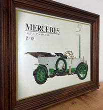 Load image into Gallery viewer, Vintage Mercedes Edwardian toured 1908 advertising mirror featuring a glamourous design with antique pictures of the luxury car fabulous bold fonts on the car manufacturer, excellent detail on a streetlight, and a wonderful straight gold border.
