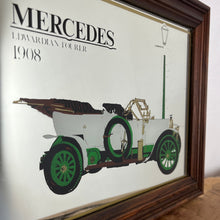 Load image into Gallery viewer, Vintage Mercedes Edwardian toured 1908 advertising mirror featuring a glamourous design with antique pictures of the luxury car fabulous bold fonts on the car manufacturer, excellent detail on a streetlight, and a wonderful straight gold border.
