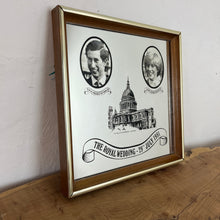 Load image into Gallery viewer, Vibrant mirror featuring the wedding of Charles and Diana on the 29th of July 1981 with a portrait of the couple and intricate picture of St Pauls and the fonts in a banner design.
