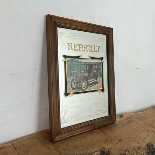 The sophisticated design showcases a historical Renault car; the car has a superb colourful design, a bold calligraphy logo, a lovely quote underneath, and a stylish intricate border.