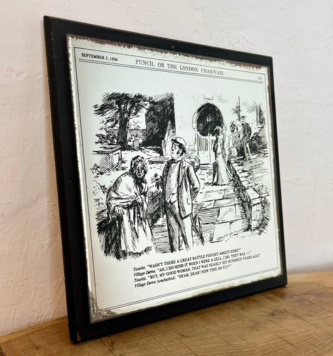 Edwardian piece featuring a male tourist and old lady in the background is a village effect, with a funny satirical quote toward the bottom, a lovely collectible piece.