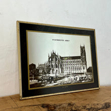 Load image into Gallery viewer, Superb mid-century old London mirror featuring Westminster Abbey. This marvellous advertising history picture comes in black and white with exquisite intricate detail on the landmark, a fantastic tourism collectable with bold fonts.
