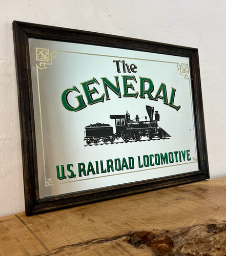 Vintage The General train advertising mirror, usa railroad, locomotive sign, steam and coal, tracks, collectable, Americana, historical