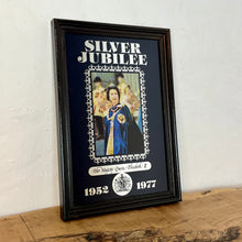 Load image into Gallery viewer, Wonderful vintage Silver Jubilee collectable mirror 1952 to 1977 featuring a radiant potrait of the Queen Elizabeth wearing her Royal attire and elegant souvenir piece, showing a magnificent silver crown border and silver bold fonts.
