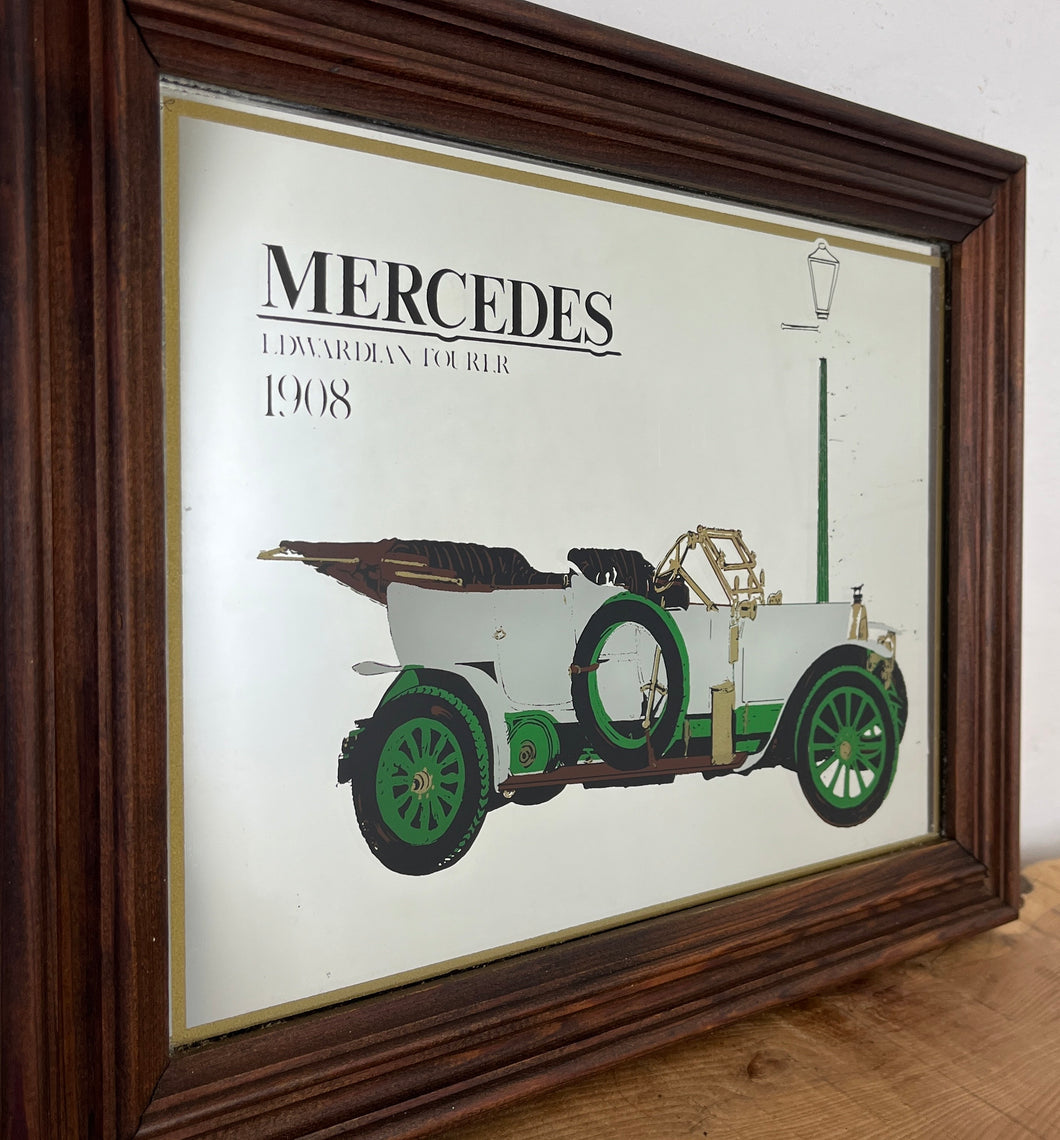 Vintage Mercedes Edwardian toured 1908 advertising mirror featuring a glamourous design with antique pictures of the luxury car fabulous bold fonts on the car manufacturer, excellent detail on a streetlight, and a wonderful straight gold border.