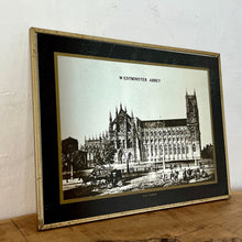 Load image into Gallery viewer, Superb mid-century old London mirror featuring Westminster Abbey. This marvellous advertising history picture comes in black and white with exquisite intricate detail on the landmark, a fantastic tourism collectable with bold fonts.
