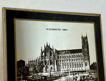 Load image into Gallery viewer, Superb mid-century old London mirror featuring Westminster Abbey. This marvellous advertising history picture comes in black and white with exquisite intricate detail on the landmark, a fantastic tourism collectable with bold fonts.
