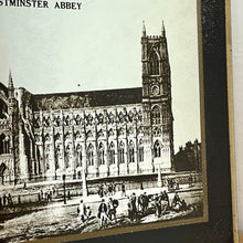 Load image into Gallery viewer, Superb mid-century old London mirror featuring Westminster Abbey. This marvellous advertising history picture comes in black and white with exquisite intricate detail on the landmark, a fantastic tourism collectable with bold fonts.
