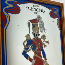 Load image into Gallery viewer, Wonderful British Lancer 1820 mirror with magnificent colourful tones showing the soldier with his military attire, created by Malcolm Greensmith printed by aspell saggers, with intricate coloured border and bold fonts.
