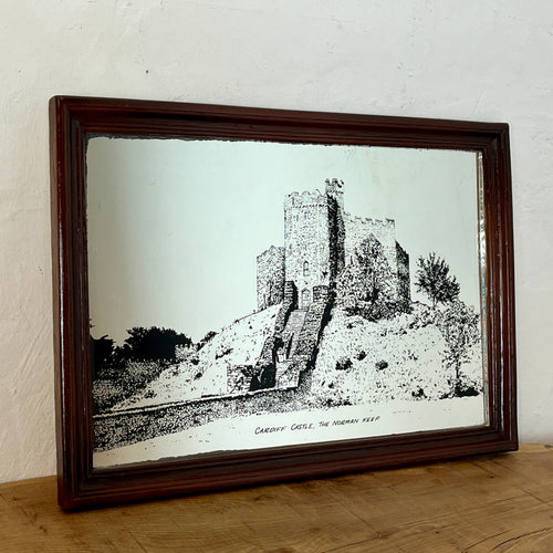 Vintage picture mirror of Great Cardiff Castle, The Norman Keep historical mirror, Wales history, wall art, knights, soldier, royalty