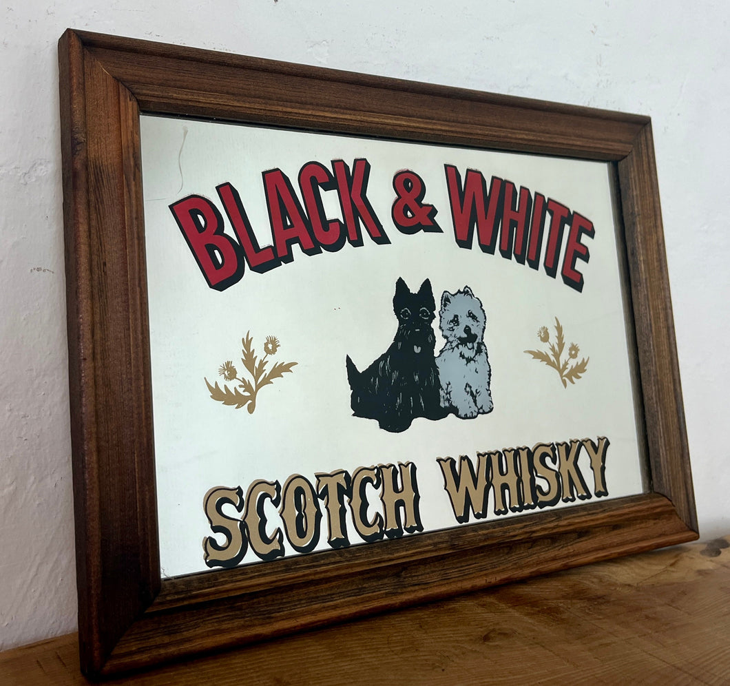 Famous Black & White scotch whisky, vintage advertising mirror, wine and spirits, bar and pub sign, wall art, collectibles piece