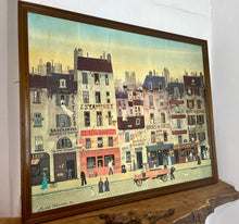 Load image into Gallery viewer, Beautiful Michel Delacroix, titled Au Bon Muscadet, Street scene print of board marvellous picture with stunning detail on a French Street featuring many different characters doing various jobs and many vibrant businesses and apartments.
