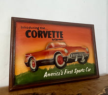 Load image into Gallery viewer, Amazing Chevrolet Corvette vintage wooden advertising sign with fantastic quality with a raised sculptural design with vibrant hand painted finish in multiple burnt orange layered tones, the sports car comes in intricate craftsmanship.
