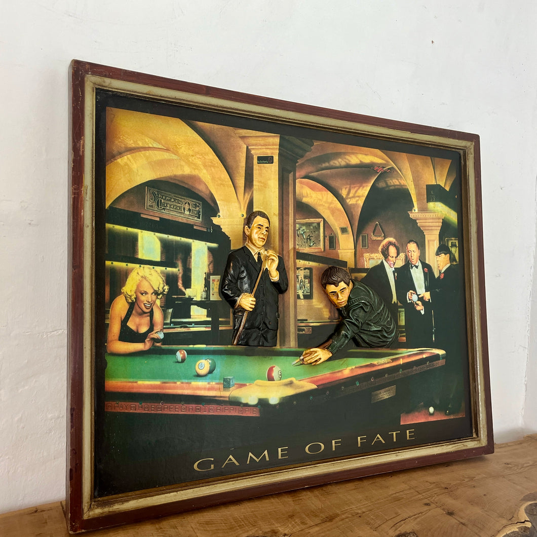 An amazing game of Fate by Chris Consani features Hollywood stars from the 40s and 50s featuring the stars in a pool hall with quality details with fantastic craftsmanship with intricate detail, the artwork comes on a raised sculptural wooden sign.