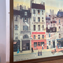 Load image into Gallery viewer, Beautiful Michel Delacroix, titled Au Bon Muscadet, Street scene print of board marvellous picture with stunning detail on a French Street featuring many different characters doing various jobs and many vibrant businesses and apartments.
